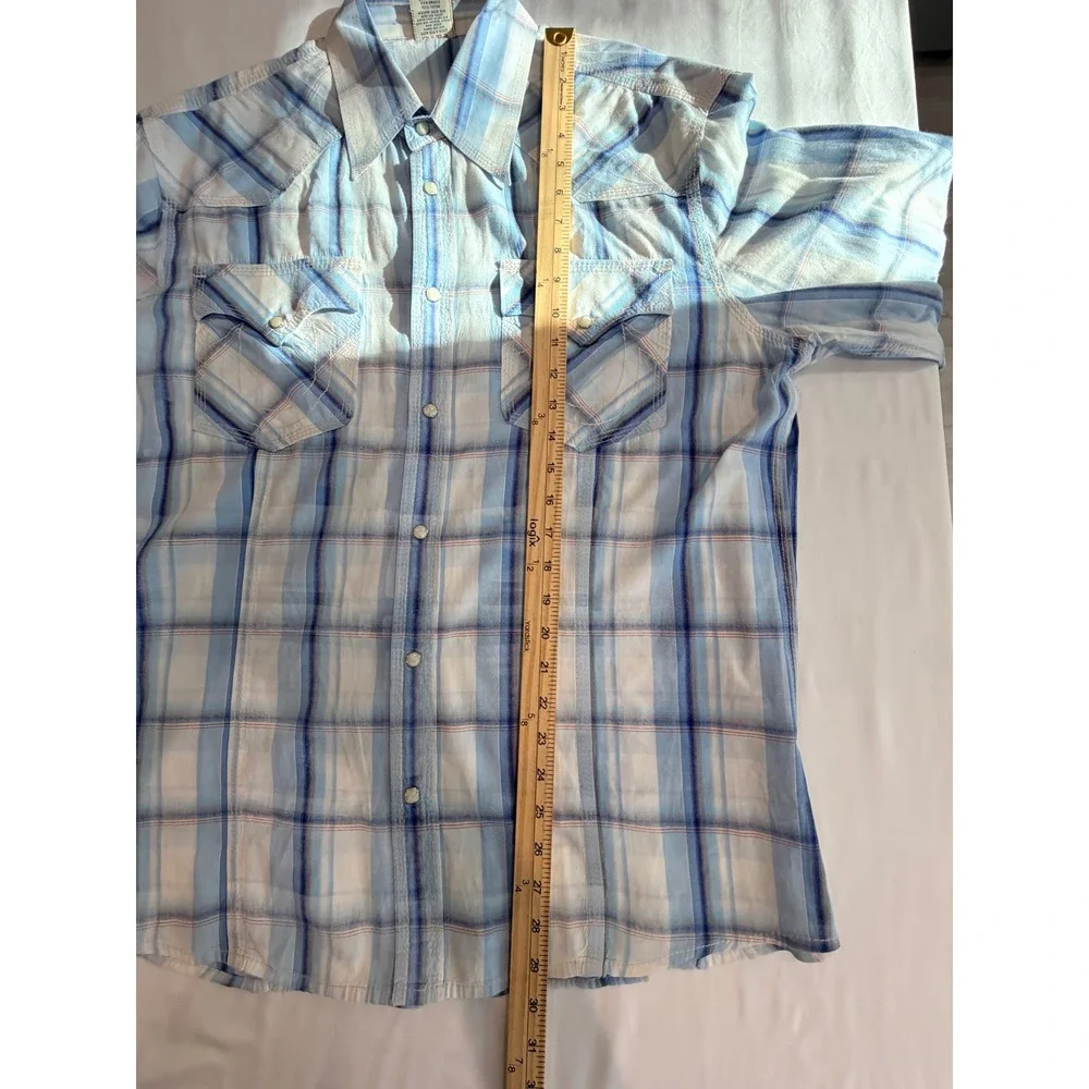 True Religion Mens Western Shirt Blue XXL Plaid Pearl Snap Long Sleeve Cotton